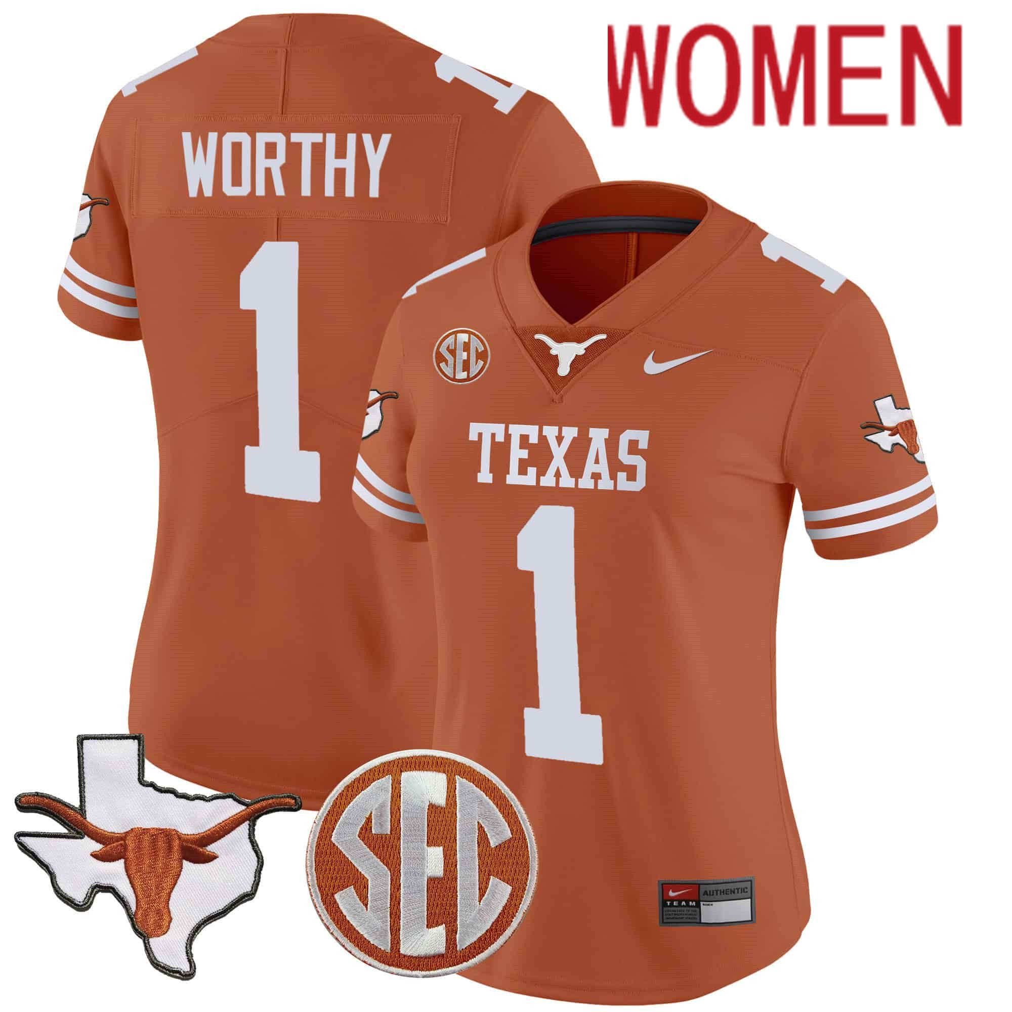 Women Texas Longhorns #1 Worthy Orange 2024 Nike State Map & SEC Patch Vapor NCAA Jersey style 1
